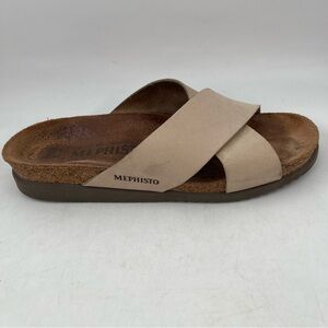 Mephisto Women’s Tan Leather Criss Cross Straps - SZ 11-Slide Sandals Shoes
